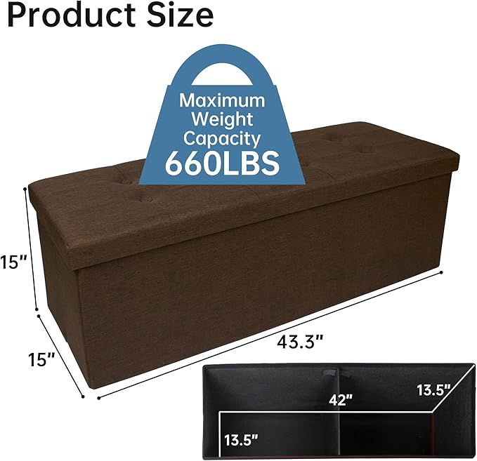 GLAXYFUR 43 Inches Folding Storage Ottoman Bench, Storage Chest, Footrest for Entryway, Living Room, Holds up to 660 lb, Brown