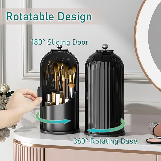 GAXmi Makeup Brush Holder with Lid Cosmetic Tools Organizer 360 Rotating Waterproof Dustproof Beauty Brushes Storage for Vanity, Dark Black