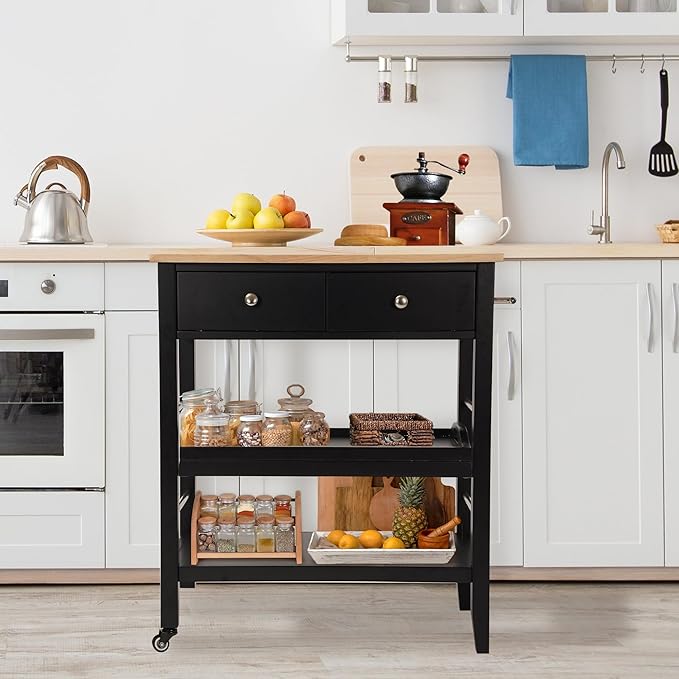 Rolling Kitchen Island Cart, Black Kitchen Cart with Rubberwood Top, Ample Storage Drawers, Adjustable Shelves, Utility Cart with Wheels for Small Kitchens, 35” Height