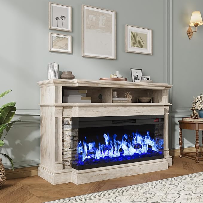 QUW Fireplace TV Stand for TVs up to 65", Farmhouse 52"Fireplace Entertainment Center with 36" 3-Side Glass Electric Fireplace, TV Console with Open Storage Shelves for Living Room, Antique Brush Grey