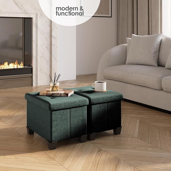 STORAGEBUD Storage Ottoman Cube with Small Bin, 16-in Square Ottoman with Storage for Living Room and Bedroom, Small Ottomans Foot Rest, Velvet Foot Stools Ottomans Max 330lbs, Green