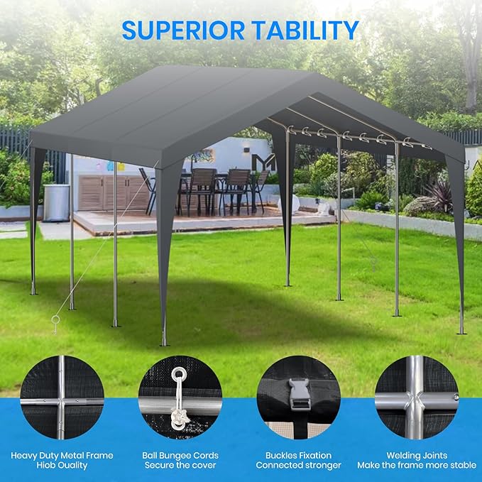 12x20 FT Heavy Duty Carport, Outdoor Portable Car Canopy Garage, Galvanized Steel Frame, UV-Resistant Waterproof PE Tarp Shelter for Vehicles, Boats, RVs, Driveway Carport, Gray