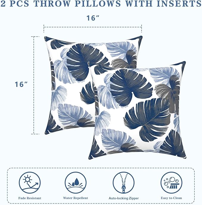 LVTXIII Outdoor Throw Pillows, Decorative Throw Pillows with Inserts, 16"x16" Square Pillows for Bed, Couch, Sofa and Patio Furniture, Set of 2, Monstera Blue