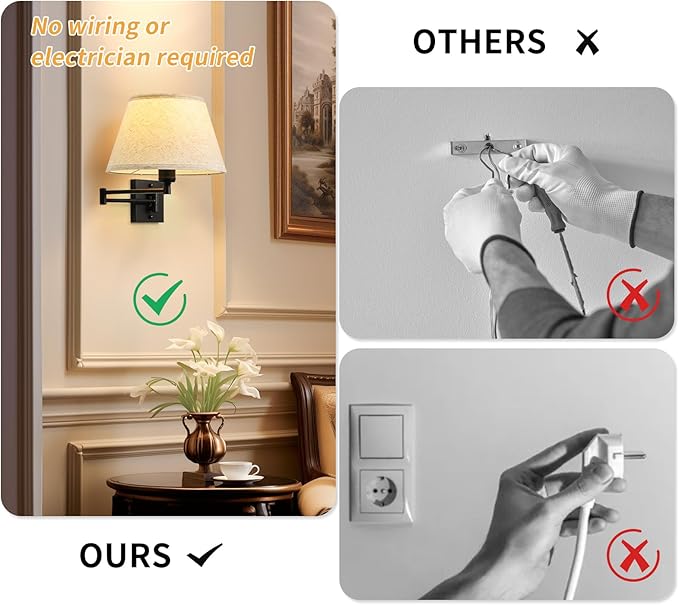 Battery Operated Wall Sconces Set of Two with Remote Control, Rechargeable Cordless Swing Arm Wall Lamp, Dimmable/3 Colors/9 RGB/Night Light/Timer, Black Wireless Wall Sconces, No Hardwired