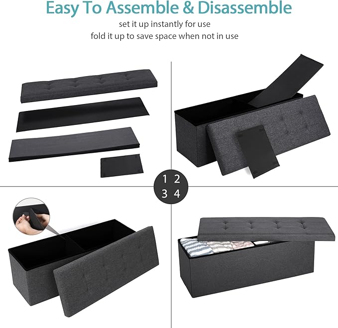 SUPER DEAL Folding Storage Ottoman Bench Foot Rest Storage Chest,15 x 43 x 15 Inches End of Bed Bench with Divider for Living Room Bedroom Entryway, 660 lbs Load Capacity, Linen Fabric, Dark Grey