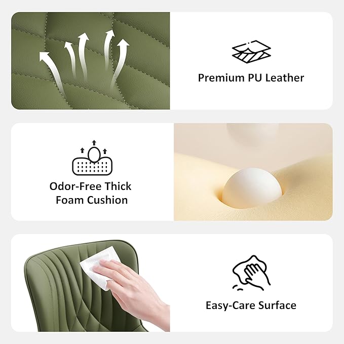 YOUTASTE All Olive Green Office Chair, Modern Armless Desk Chair with Back, Adjustable Swivel Rolling Faux Leather Task Chair with Wheels Metal Base for Home Office, Study, or Vanity