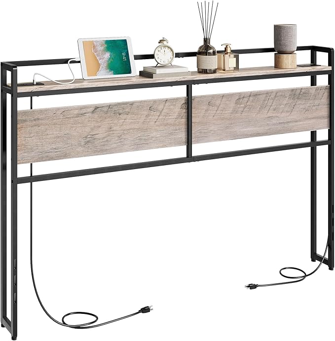 HOOBRO Full Size Headboard, Headboard with 2 Outlets and 4 USB Ports, Adjustable Height, Storage Rack, Sturdy and Stable, Easy Assembly, Greige and Black