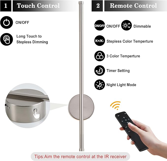 Battery Operated Modern Wall Sconces, Dimmable Wireless Wall Light Set of Two with Remote Control, 3 Color Temperatures, Rechargeable LED Wall Sconce for Bedroom, Living Room,Hallway, 23.6 Inch Nickle