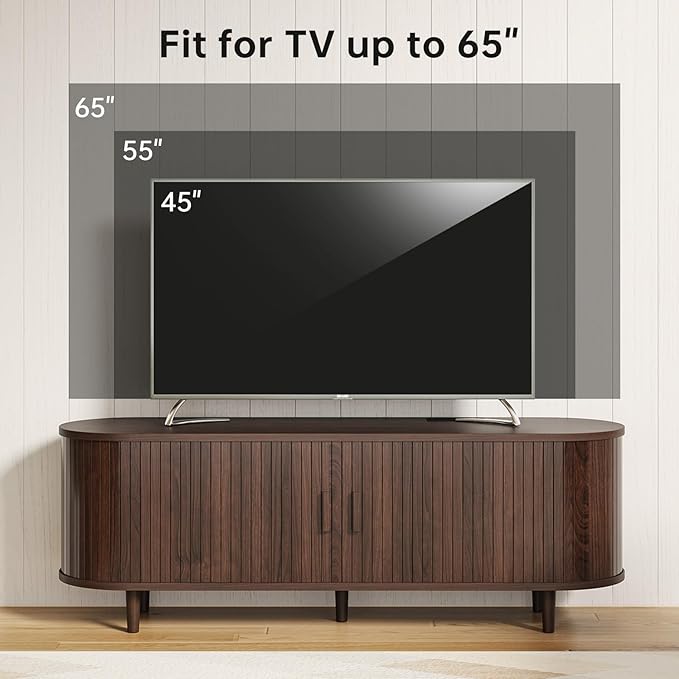 oneinmil 58" Fluted TV Stand with Sliding Doors, Mid Century Modern TV Stands, Entertainment Center with Storage and Adjustable Shelves, Wood Media TV Consoles for Living Room, Walnut
