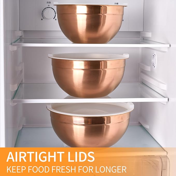 Rose Gold Mixing Bowls with Airtight Lids, Stainless Steel Nesting Mixing Bowls Set of 5, Ideal for Baking, Prepping and Serving Food, Size 5.5, 3.6, 2.7, 2.1, 1.5, QT, Stackable Design