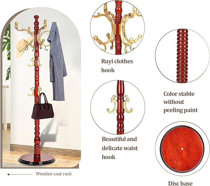 73”Vintage Wooden Coat Rack Freestanding，With 14 Hooks and Sturdy Round Base.Sturdy and Durable Standing Coat Racks，Adjustable Wooden Freestanding Coat Rack for Offices, Porch (Begonia color)
