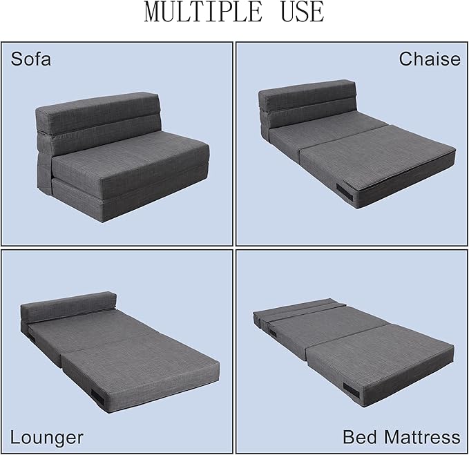 ANONER 60" Fold Sofa Bed Couch Memory Foam with 2 Pillows Futon Sleeper Chair Guest Bed and Fold Out Couch, Washable Cover Queen Size, Dark Gray