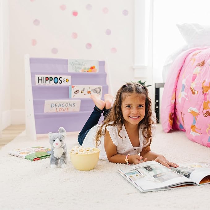 Wildkin Wooden Sling Bookshelf for Kids – Premium Canvas Design with 4 Fabric Shelves, Organizer for Home or Classroom - White w/Lilac