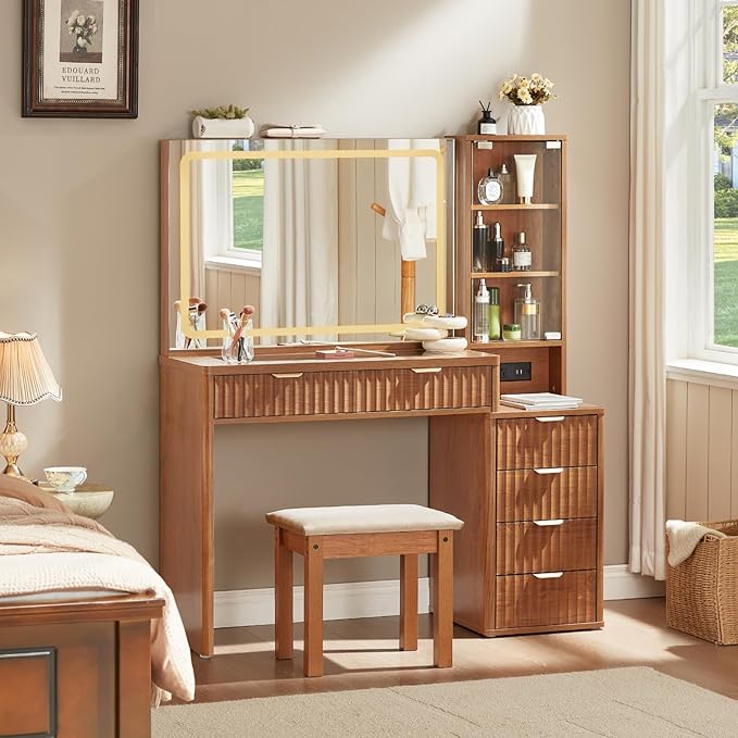 LEYAOYAO Vanity Desk with Mirror and Lights, 43.5'' Fluted Makeup Vanity with 6 Drawers and Adjustable Shelves, Glass Top Make Up Vanity, Girls Wood Dressing Table with Power Outlet for Bedroom