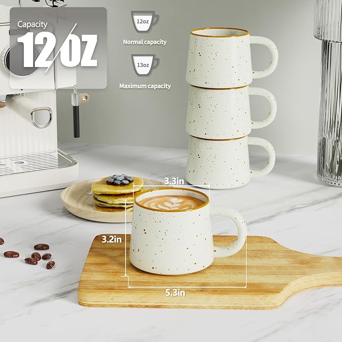 12 oz Coffee Mugs Set of 4, Modern Stackable Coffee Cups Set for Latte, Hot Tea, Cappuccino, Ceramic Coffee Mug Tea Cup, Dishwasher & Microwave Safe, Housewarming Wedding Present (Beige)