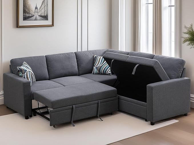L Shaped Sectional Couch with Pull Out Bed, Convertible Sleeper Sofa Bed Couch with Storage, Modern Modular L Shaped Sofa for Living Room, Bedroom, Apartment, Grey
