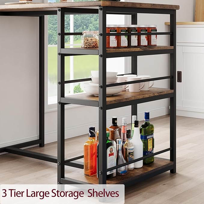 GAOMON Rustic Brown 3-Piece Counter Height Bar Kitchen Table Set with 3 Storage Shelves for Small Spaces, Apartment, Dining Table and 2 Upholstered Bar Height Chairs