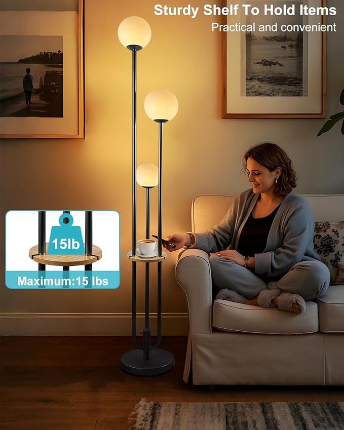 Lightdot Full Dimmable Floor Lamp for Living Room 3-Globe Standing Lamp with Table Candle Holder Style Black Tall Lamps for Bedroom Office Cafe with 3000K Soft Warmwhite Bulbs Included