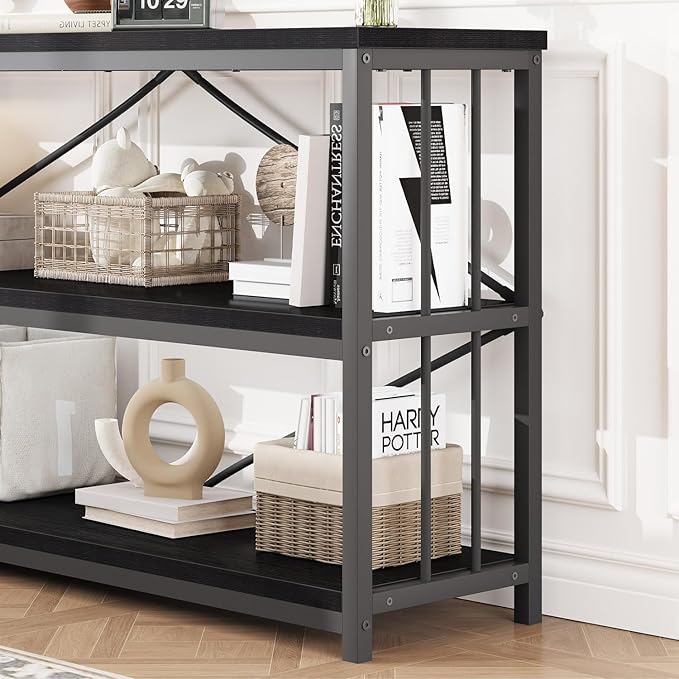 HSH Black Horizontal Bookcase, Metal and Wood Low Bookshelves with 3 Tier Shelf for Home Office, Modern Wooden Wide Open Etagere Bookcase with Storage for Bedroom Living Room, Black Oak, 55 Inch