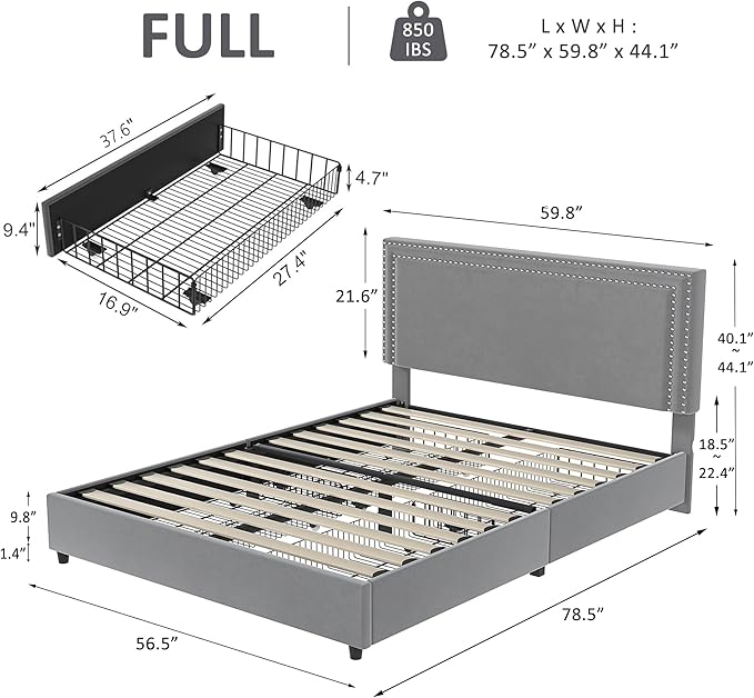 VECELO Full Size Upholstered Platform Bed Frame with 4 Storage Drawers, Adjustable Velvet Rivets Headboard, Wooden Slats Support, No Box Spring Needed, Easy Assembly