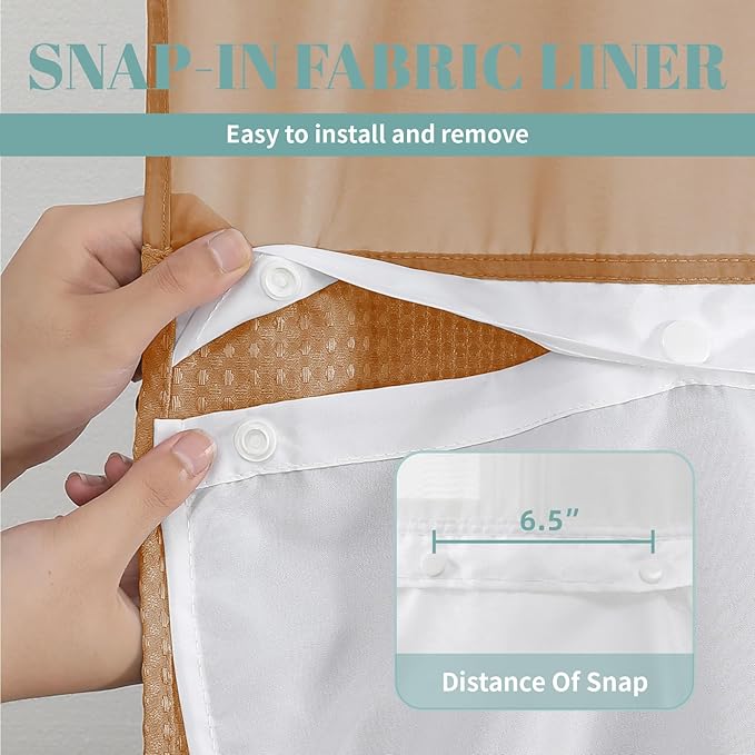 BurntOrange No Hook Waffle Weave Shower Curtain with snap-in Liner Replacement, 230GSM Waterproof Fabric Hotel Shower Curtain Set for Bathroom, Through Mesh Top Window,71Wx74H