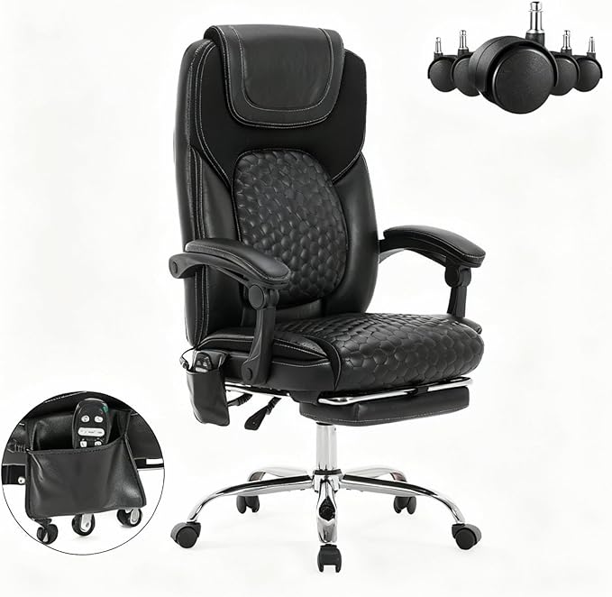 Massage Office Chair with Heat and Footrest –Reclining Desk Chair, Big and Tall Leather Computer Chair with Wheels, PU Executive Office Chair for Home, Gaming, Study, 300 lbs,Black