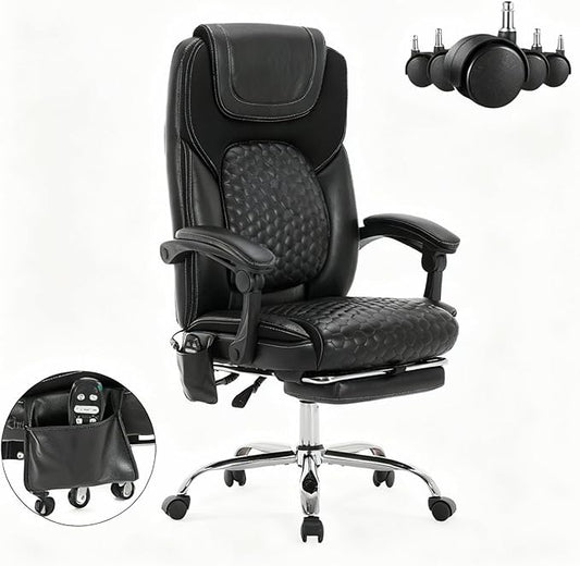 Massage Office Chair with Heat and Footrest –Reclining Desk Chair, Big and Tall Leather Computer Chair with Wheels, PU Executive Office Chair for Home, Gaming, Study, 300 lbs,Black