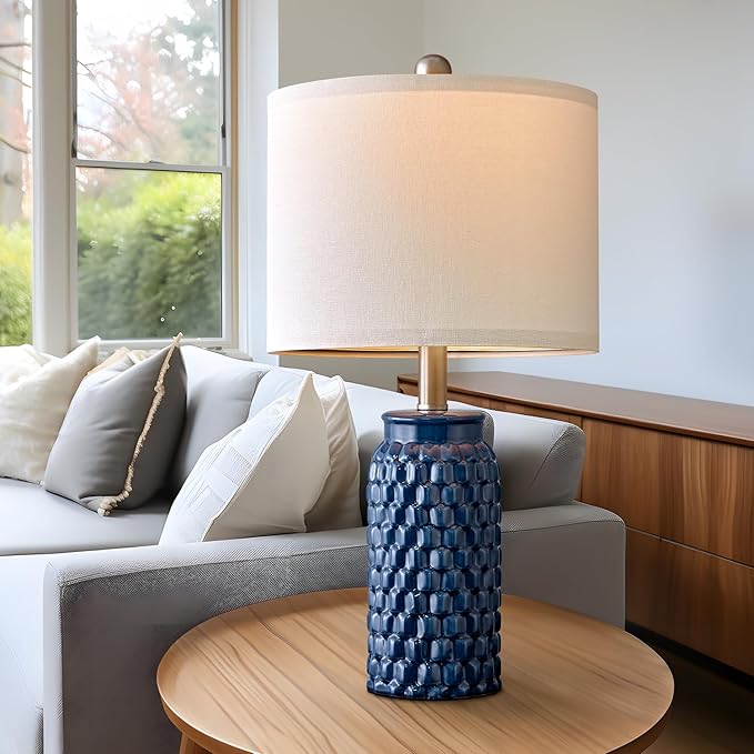 20.5 inches Modern Ceramic Dark Blue Bedside Lamp Set of 2 for Bedroom Decor Farmhouse Table Lamp for Living Room Office Dorm