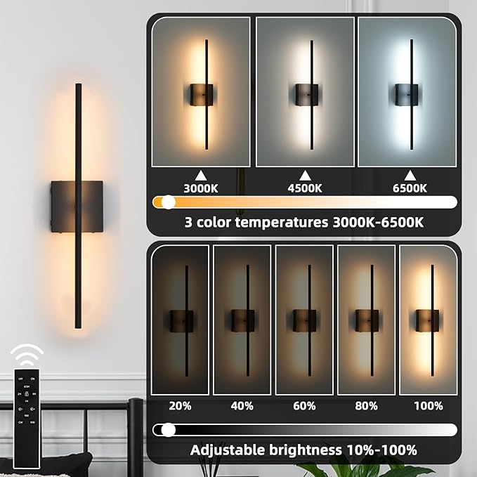 Battery Operated Wall Sconces Set of 2, Black Rechargeable Wall Sconce with Remote Control, 3000K-6000K Dimmable LED Wireless Wall Light for Living Room, Hallway, Bedroom, Stairs, 23.6 Inch