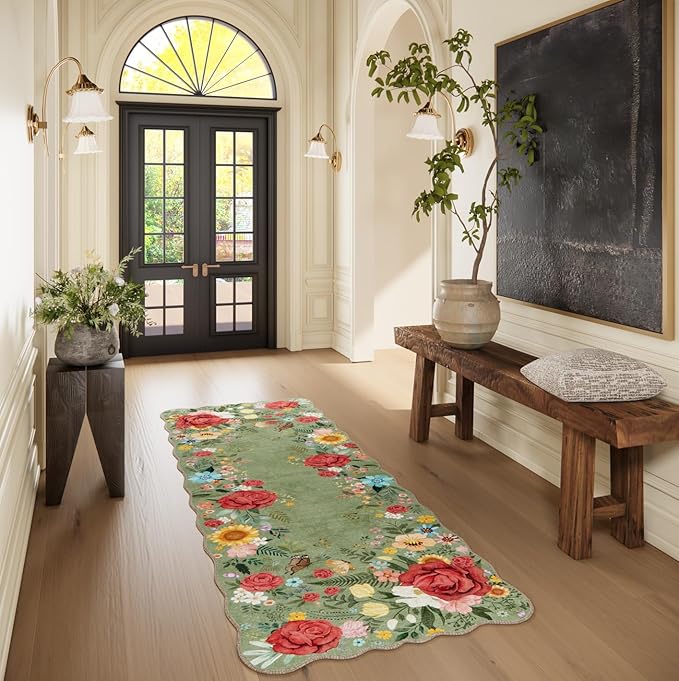 Floral Kitchen Rug 2'x 6' Washable Runner Rugs Non Slip Boho Vintage Low Pile Carpet for Hallway, Entryway, Laundry Room, Bathroom High Traffic Areas Indoor Decor (Green)