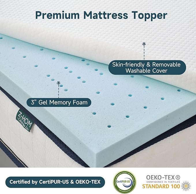 3 Inch King Size Memory Foam Mattress Topper, Cooling Gel Bed Topper with Premium Removable Skin-Friendly Non-Slip Cover, High Density Ventilated Mattress Pad CertiPUR-US & Oeko-Tex Certified, Grey