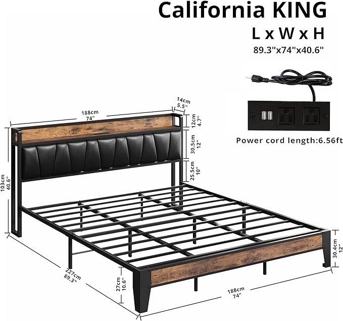 LIKIMIO California King Bed Frame, Storage Headboard with Charging Station, Solid and Stable, Noise Free, No Box Spring Needed, Easy Assembly (Vintage and Black)