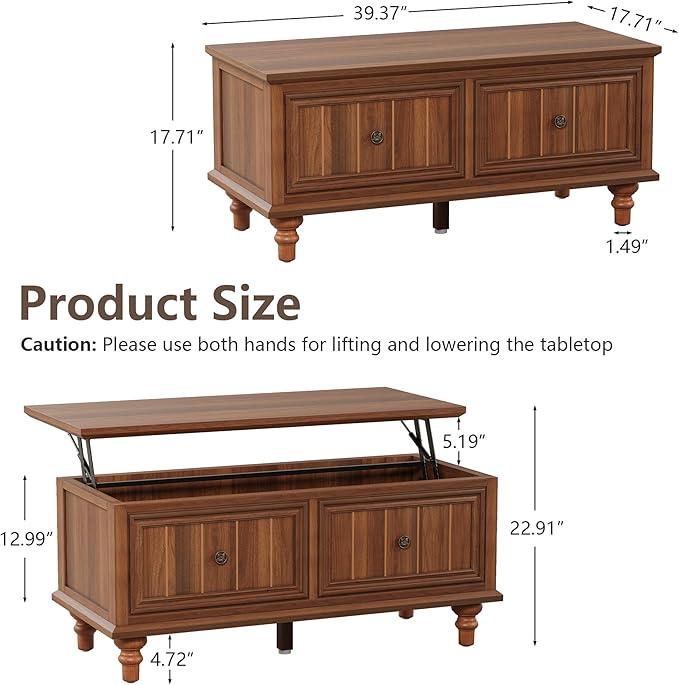 39" Lift Top Coffee Table for Hidden Compartment, Wood Coffee Tables with Shelf, Farmhouse Rectangular Center Table Dining Table for Living Room Home Office Small Space (Walnut)