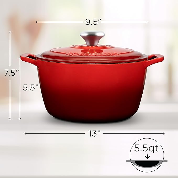 Signature Enameled Cast Iron Dutch Oven, Non-Stick Serving Pot with Tight Fitting Lid for Perfect Roasting, Baking, Sauteing, and Bread Making | 5.5Q (5.2L) - Red