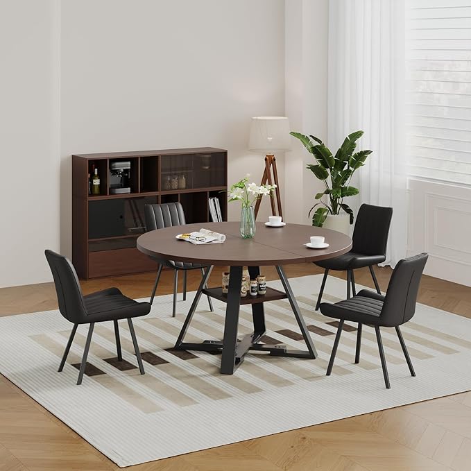 45.3" Walnut Round Dining Table Set with 2 Chairs – Mid-Century Modern Small-Space Kitchen & Dining Room Furniture for Apartment or Breakfast Nook (Walnut – Storage Table + 2 Black Chairs)