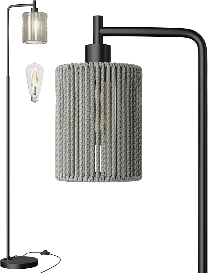 Oneach 66" Black Floor Lamp for Living Room, Boho Floor Lamp with LED Bulb, Foot Switch, Gray Rattan Shade, Industrial Tall Farmhouse Standing Lamp for Bedroom, Dining Room, Study Room, Office