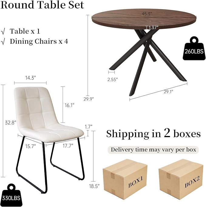 45.3 Inch Round Dining Table Set for 4, Mid Century Modern Small Coffee Set for Dining Room Kitchen Apartment (Walnut Table + 4 U-Shaped White Chairs)