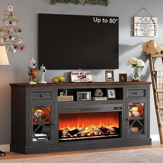 AMERLIFE Farmhouse Fireplace TV Stand with 37" Fireplace, 70" Large LED Media Entertainment Center for 80" TVs, 31" Tall Highboy TV Console Cabinet with Diamond Door for Living Room, Espresso+Gray