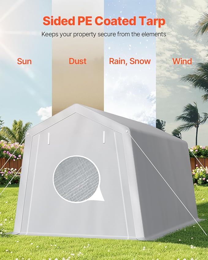 VEVOR Outdoor Storage Shed, 8 x 14 ft Portable Storage Tent with Roll-up Door & Vents, Waterproof Canopy Shed Shelter, Heavy Duty Frame, Patio Garage Carport for Motorcycle, Lawn Mower, Bike, Grey