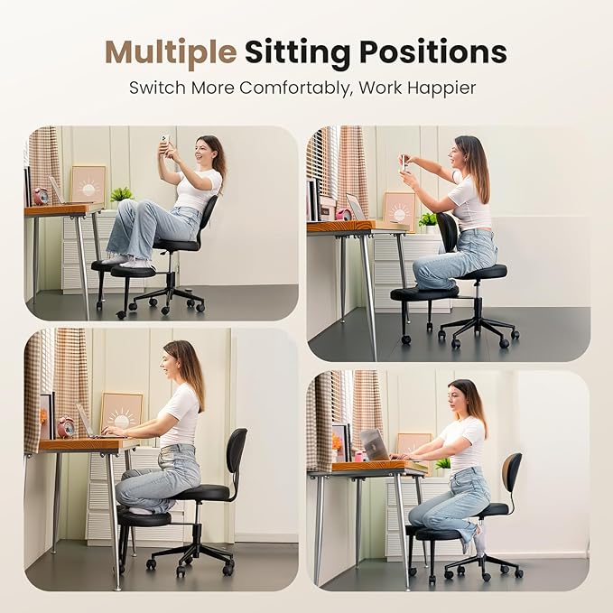 Cross Legged Office Chair, Ergonomic Criss Cross Design, Wide Comfy Desk Seat, ADHD Meditation Chair with Wheels, Adjustable Height Kneeling Chair with Back Support