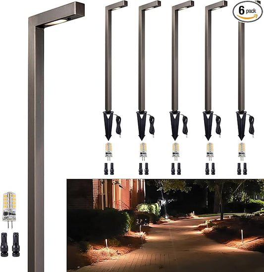 Outdoor Pathway Lights Brass, LED Landscape Path Lights, Low Voltage Driveway Lights Waterproof, L Shape 12V Wired Bronze for Walkway Sidewalk with 3W 270LM 2700K G4 Bulb 6 Pack