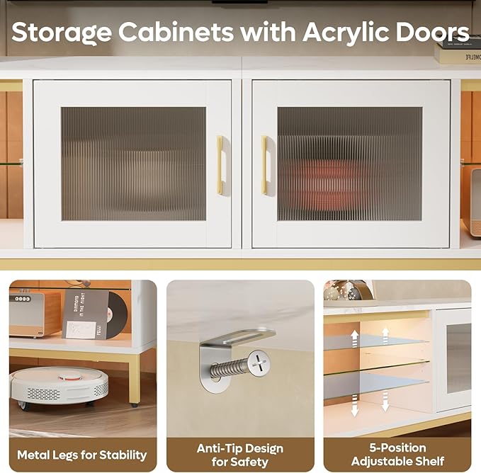 Bestier 80 Inch TV Stand for TVs Up to 85", 4 in 1 Entertainment Center with LED Lights, Modern Media Console Table with 2 Storage Cabinets & Adjustable Shelves for Living Room Bedroom, White Marble