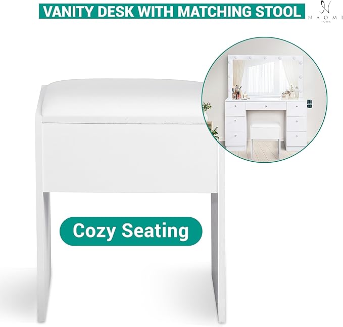 Naomi Home 46" Vera Vanity Set – Makeup Desk with Mirror, 11 LED Lights, Adjustable Brightness & 3 Lighting Modes – Includes Chair and 7 Storage Drawers