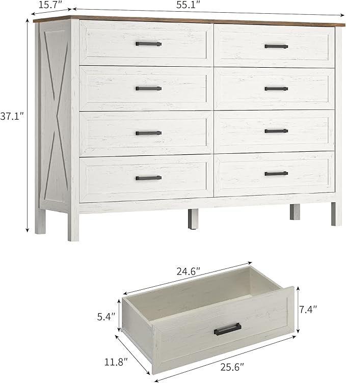 Farmhouse 8 Drawers Dresser for Bedroom, 55 Inch Wood Rustic Wide Chest with Natural Texture, Large Dressers for Bedroom, Hallway, Entryway, Antique White