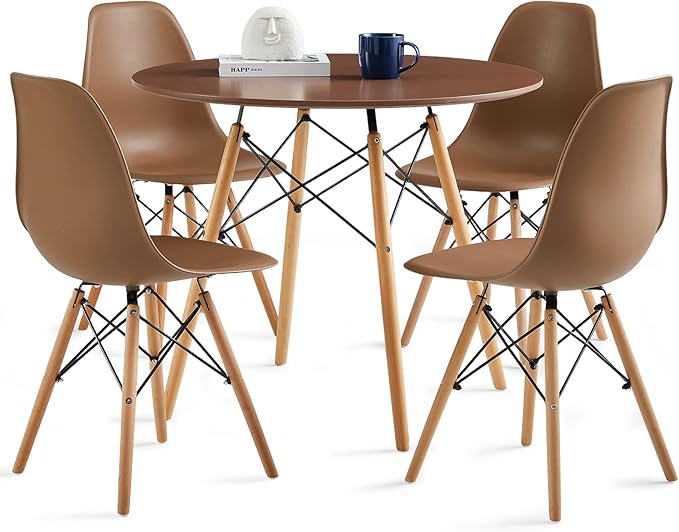 Round Dining Table Set for 4 35.5" Wood Dinner Table Circle Dining Table Kitchen Table Chairs Set of 4 with Wood Strip Base for Kitchen Living Room Space Saving Apartment(Brown)