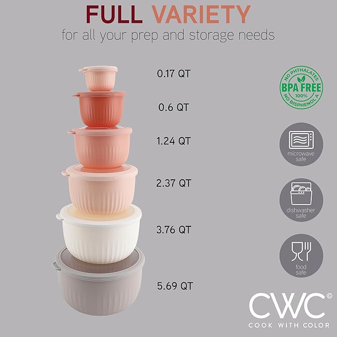 COOK WITH COLOR Prep Bowls with Lids- Wide and Deep Nesting Plastic Small Mixing Bowl Set with Lids, 12 Piece Set - Deep Bowls, Grey/Pink