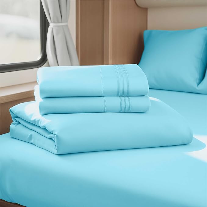 Clara Clark Bed Sheets, Premier 1800 Series 4 Piece RV Queen Sheet Set, Luxury Soft Sheets for RV Bunks, Short Queen - Beach Blue