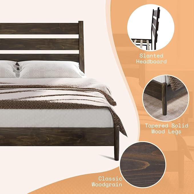 AMERLIFE King Size Mid Century Solid Wood Bed Frame, Platform Beds with Reclining Slatted Headboard, Wood Slat Support/No Box Spring Needed/Noise Free, Dark Brown