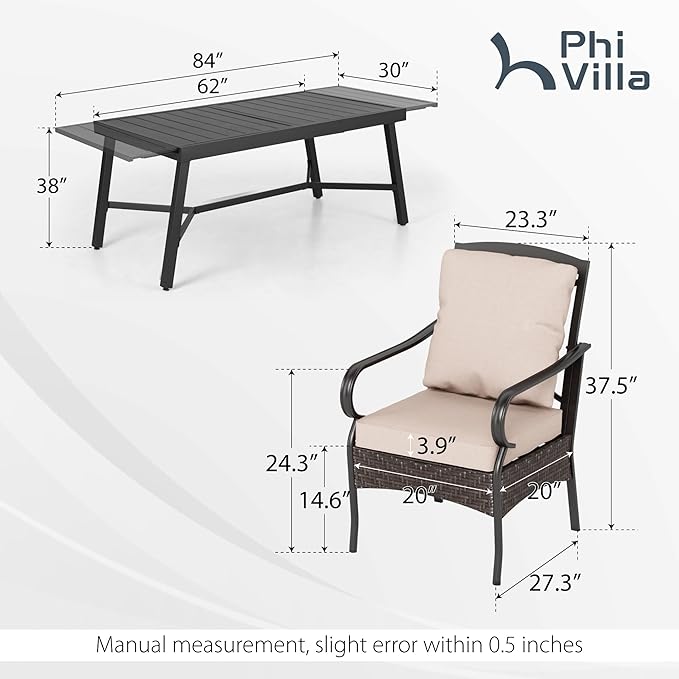 PHI VILLA Heavy Duty 9-Piece Patio Dining Sets, Expandable Outdoor Table and Chairs Set for 8, 8 Extra Large Dining Chairs, Rectangular Metal Dining Table for Deck, Backyard and Garden