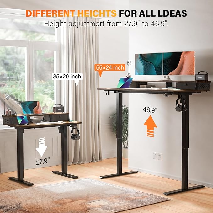 Electric Standing Desk with 2 Drawers 40''x 24'' Small Adjustable Height Sit to Stand Up Desk with Storage Shelf, C-Clamp Mount Compatible Home Office Desks Computer Gaming Table Ergonomic Workstation